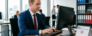 Сотрудник в деловом костюме работает за компьютером в офисе, на столе календарь с датой 4 июля, документы и папки.