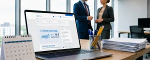 Ноутбук с сайтом ЕИС на офисном столе с канцелярскими принадлежностями, на фоне двое коллег ведут деловой разговор